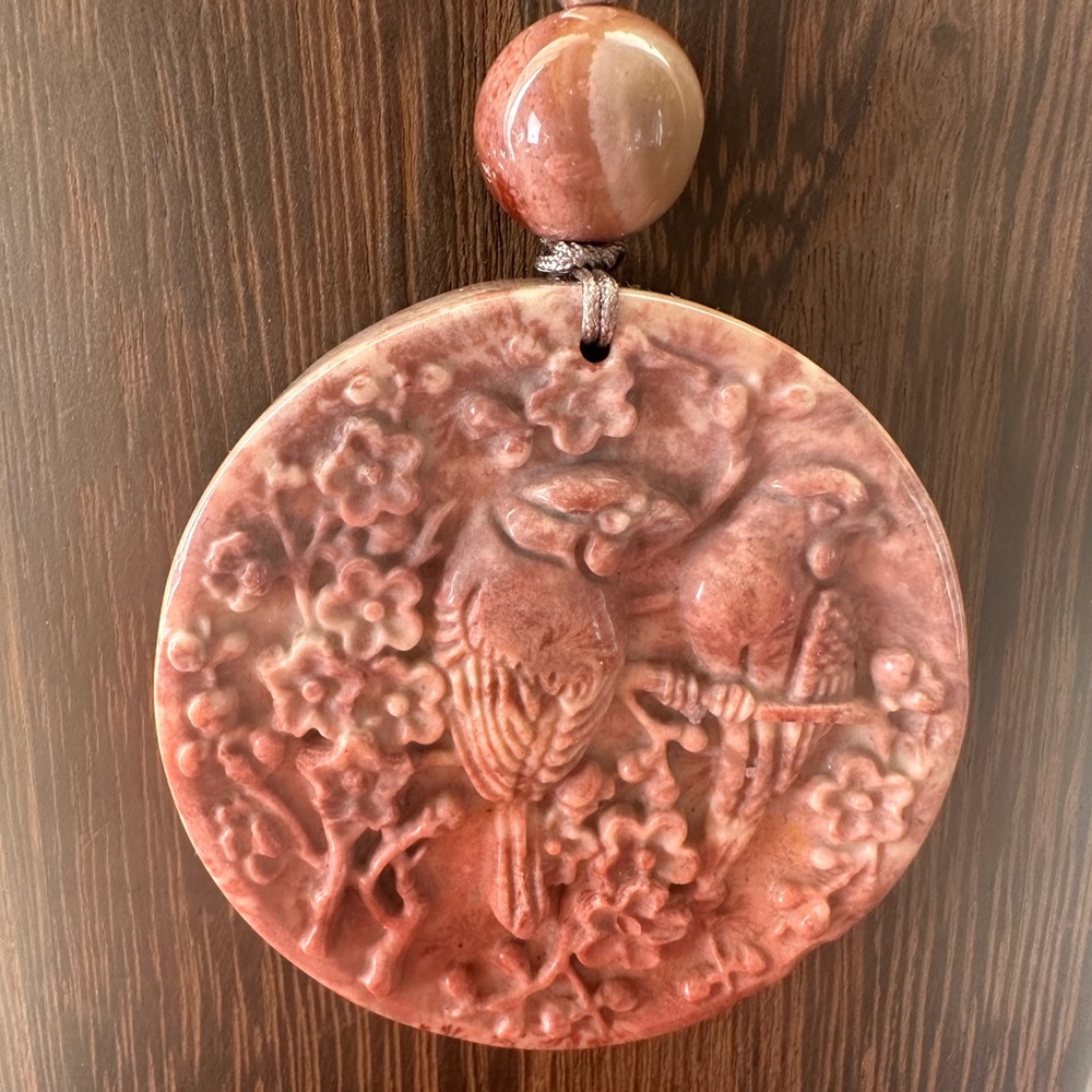 Coral Fossil Carved Round Bird Pendant Necklace on Tan Adjustable Rope - Picture 10 of 13